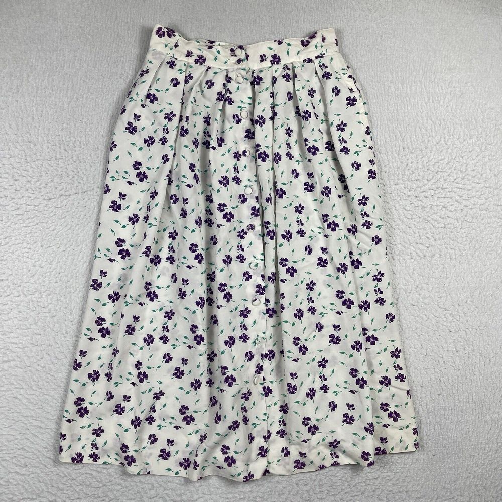 Talbots Skirt Womens 10 White‎ Pleated Flowers Button Front Cottagecore Midi